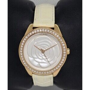 Women's Guess White 3D Rose Dial Rose Gold Tone White Leather Watch 13